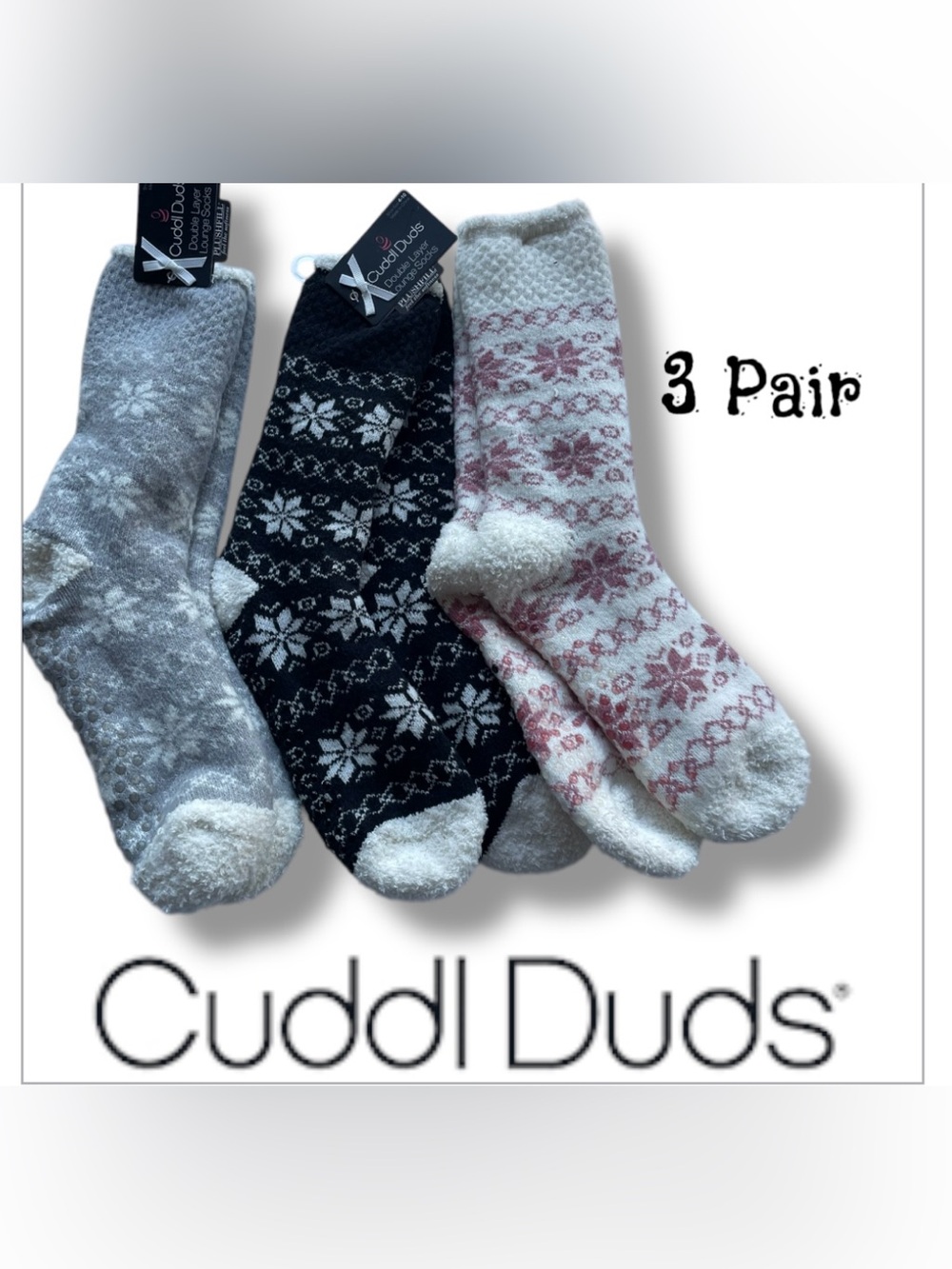 3 PAIR Lounge Crew Sock Snowflake Faux Shearling Lined Shoe Size 4-10